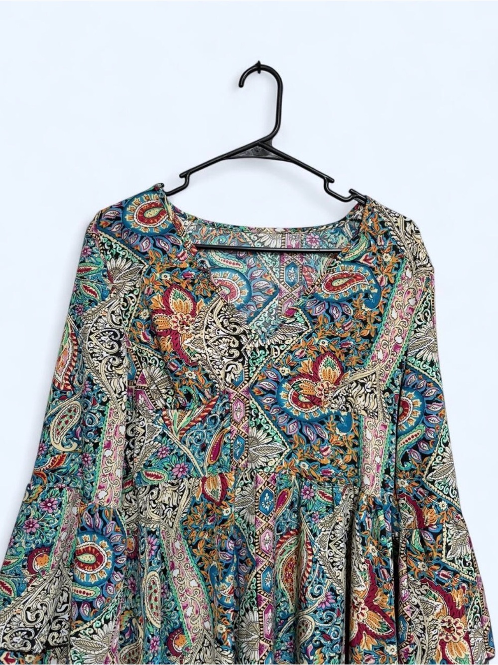 Boho Paisley V-Neck Women’s Dress with Bell Sleeves